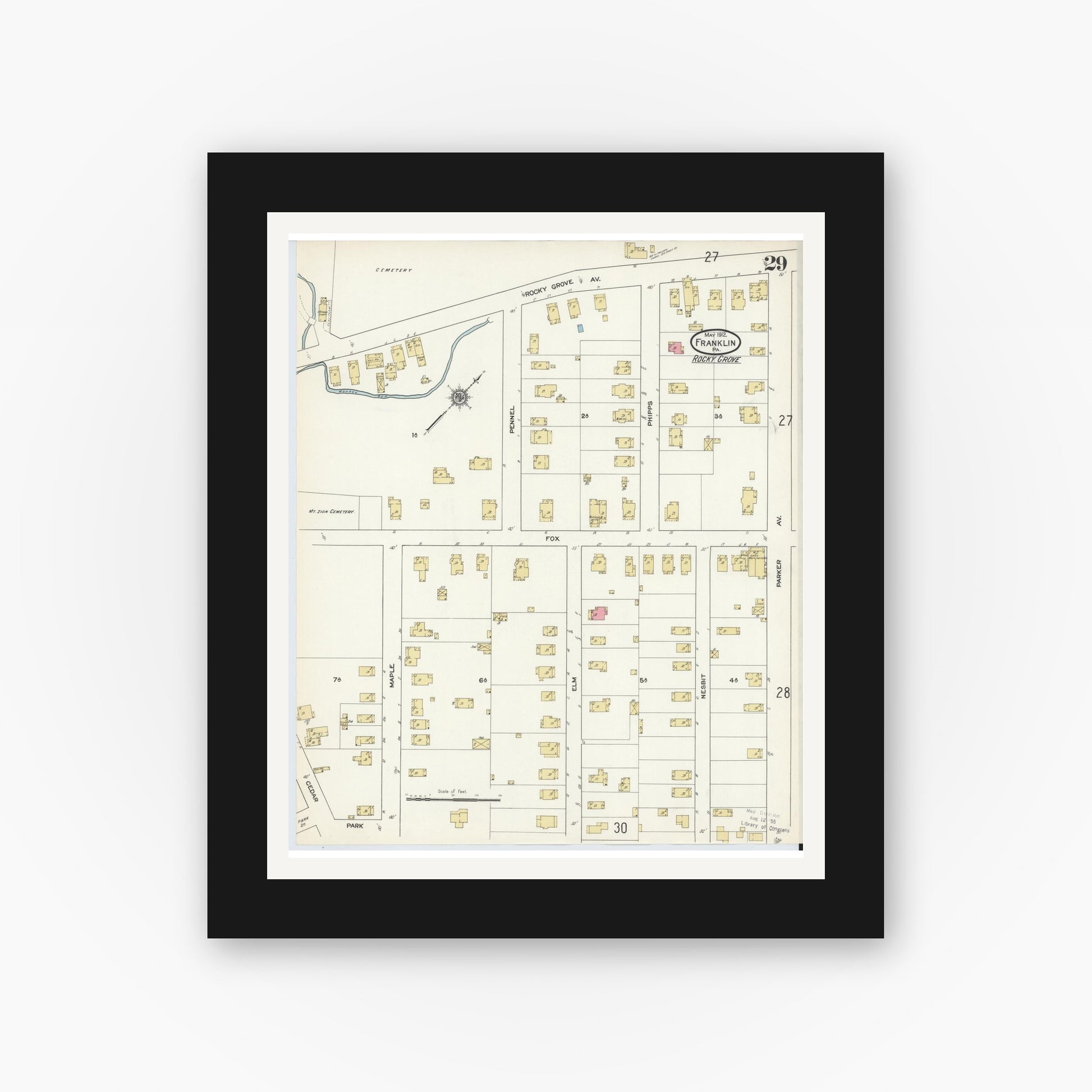 Old map wall art mockup — black gallery frame with white mat — Sanborn Fire Insurance Map from Franklin, Venango County, Pennsylvania (1912), Sheet #0029