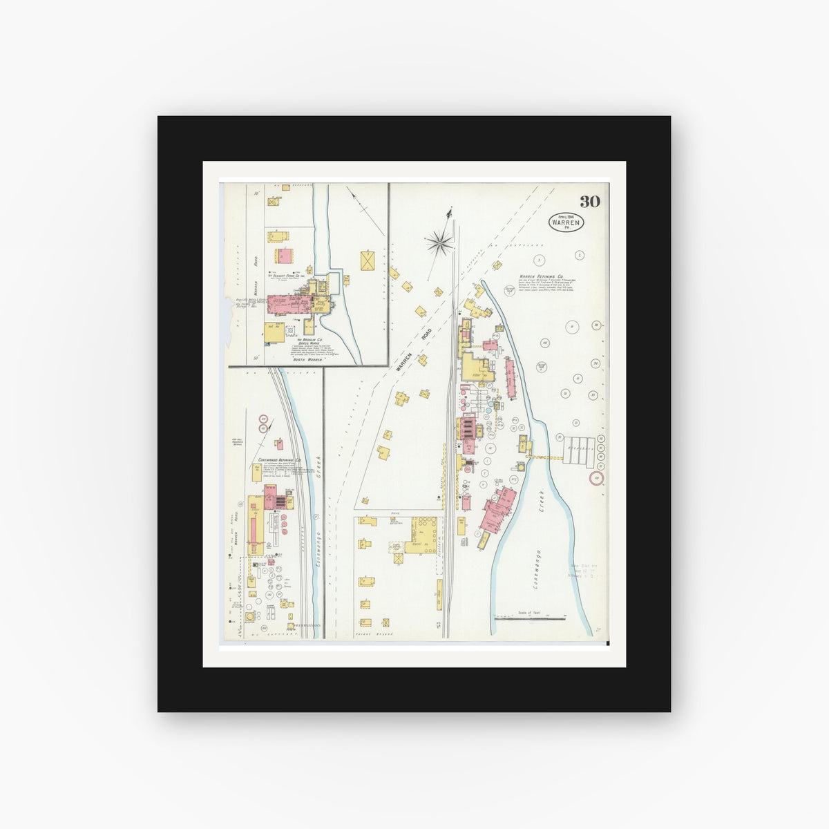 Old map wall art mockup — black gallery frame with white mat — Sanborn Fire Insurance Map from Warren, Warren County, Pennsylvania (1904), Sheet #0030