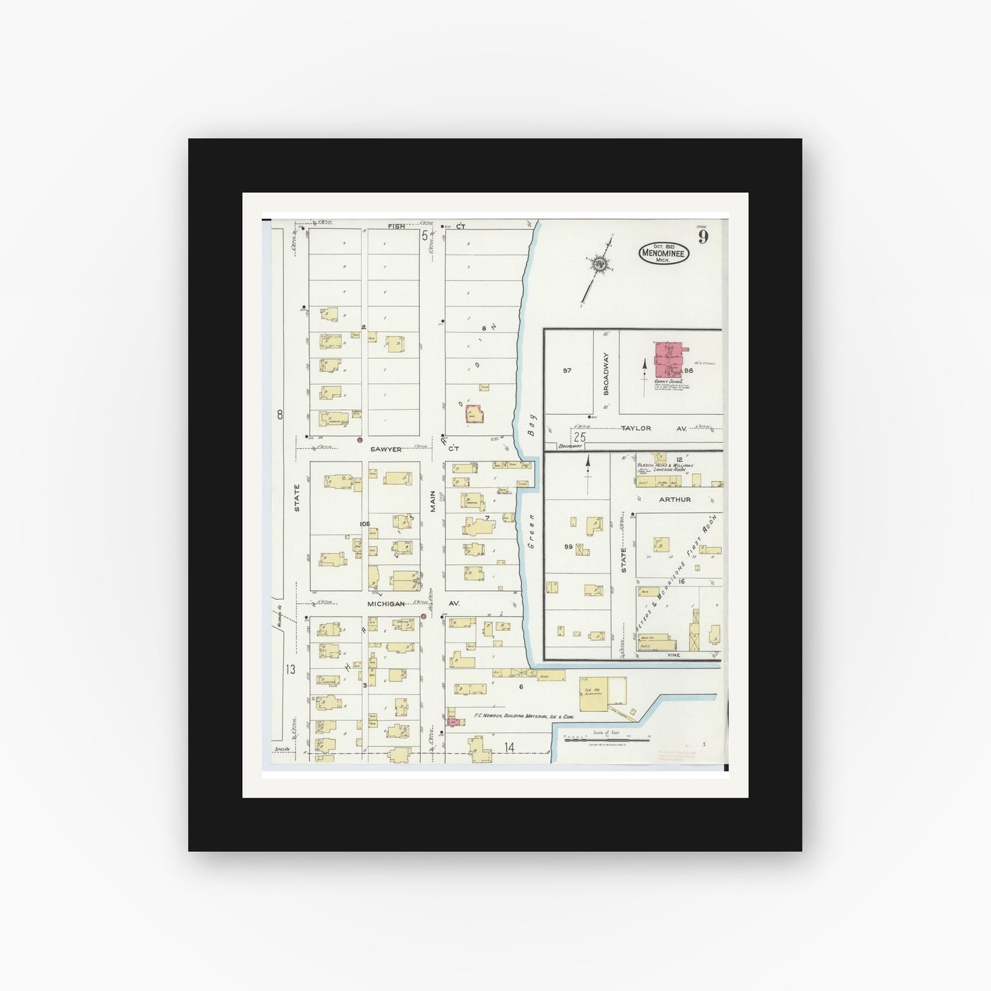Old map wall art mockup — black gallery frame with white mat — Sanborn Fire Insurance Map from Menominee, Menominee County, Michigan (1921), Sheet #0009