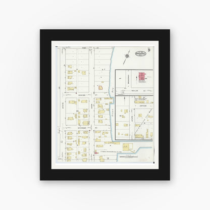 Old map wall art mockup — black gallery frame with white mat — Sanborn Fire Insurance Map from Menominee, Menominee County, Michigan (1921), Sheet #0009
