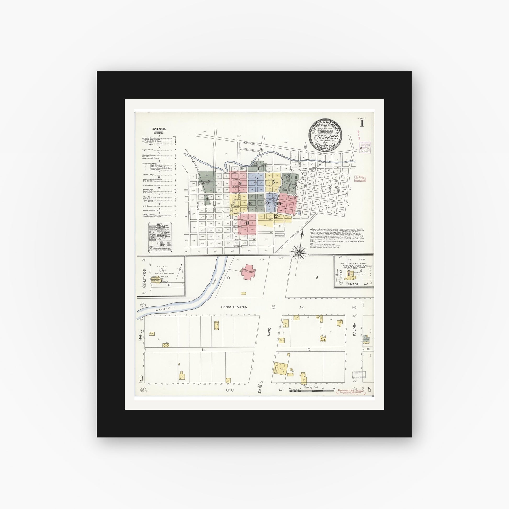 Old map wall art mockup — black gallery frame with white mat — Sanborn Fire Insurance Map from Escondido, San Diego County, California (1907), Sheet #0001