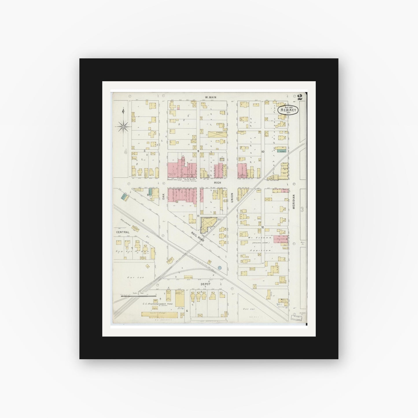 Old map wall art mockup — black gallery frame with white mat — Sanborn Fire Insurance Map from Redkey, Jay County, Indiana (1895), Sheet #0002