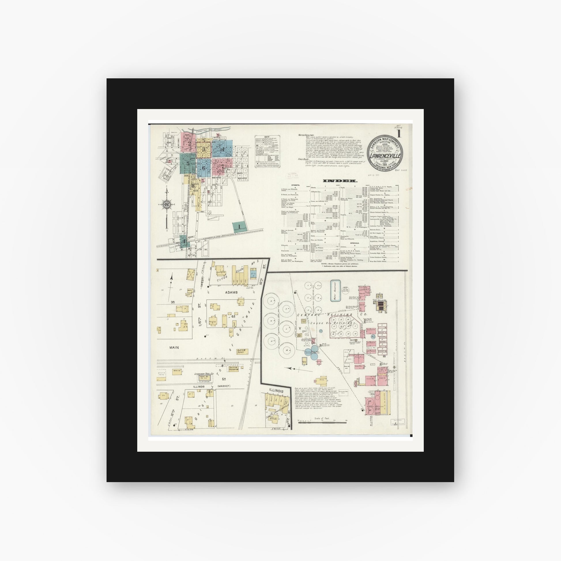 Old map wall art mockup — black gallery frame with white mat — Sanborn Fire Insurance Map from Lawrenceville, Lawrence County, Illinois (1912), Sheet #0001