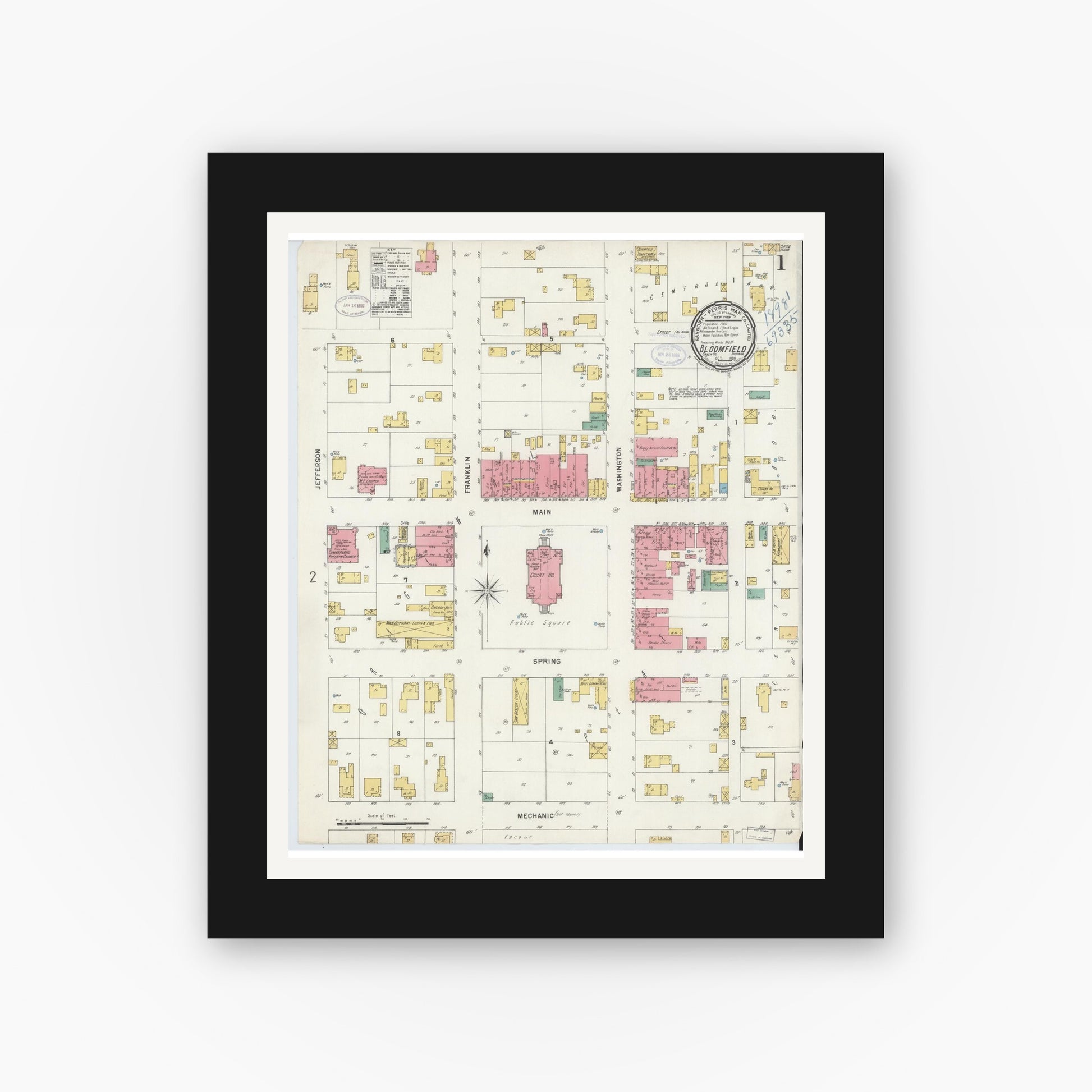 Old map wall art mockup — black gallery frame with white mat — Sanborn Fire Insurance Map from Bloomfield, Greene County, Indiana (1898) - Complete Map Set