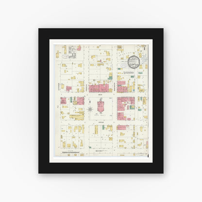 Old map wall art mockup — black gallery frame with white mat — Sanborn Fire Insurance Map from Bloomfield, Greene County, Indiana (1898) - Complete Map Set