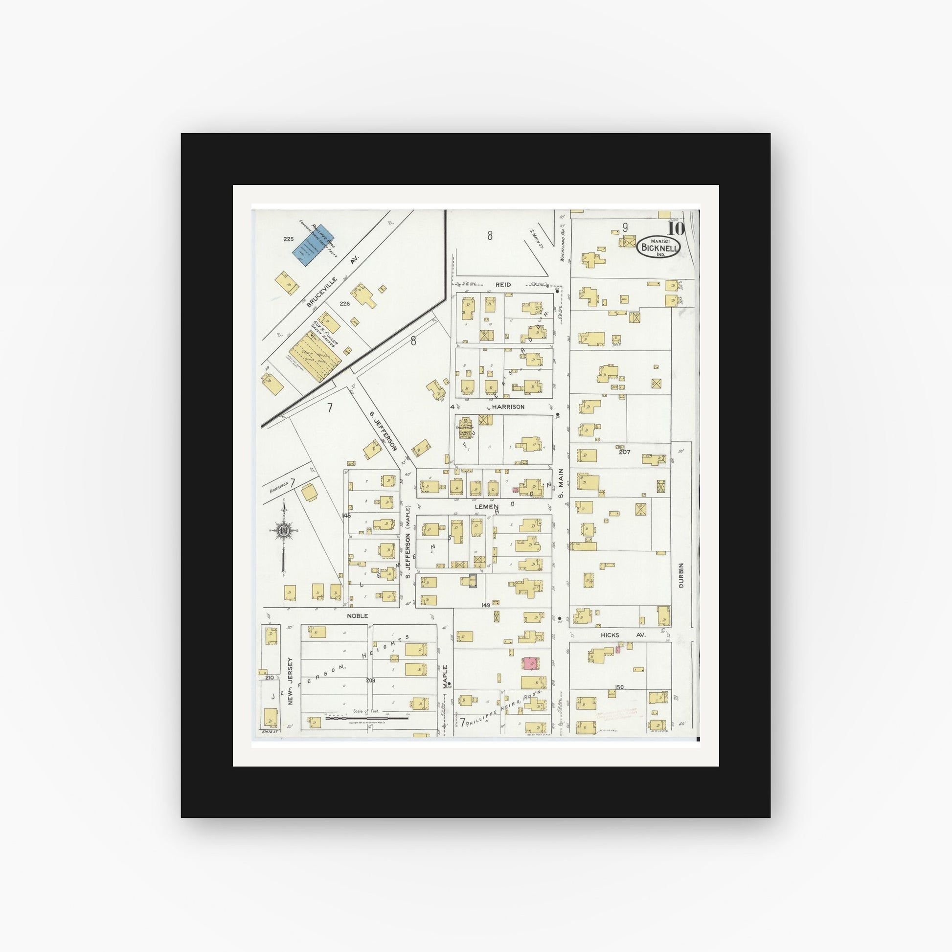 Old map wall art mockup — black gallery frame with white mat — Sanborn Fire Insurance Map from Bicknell, Knox County, Indiana (1921), Sheet #0010