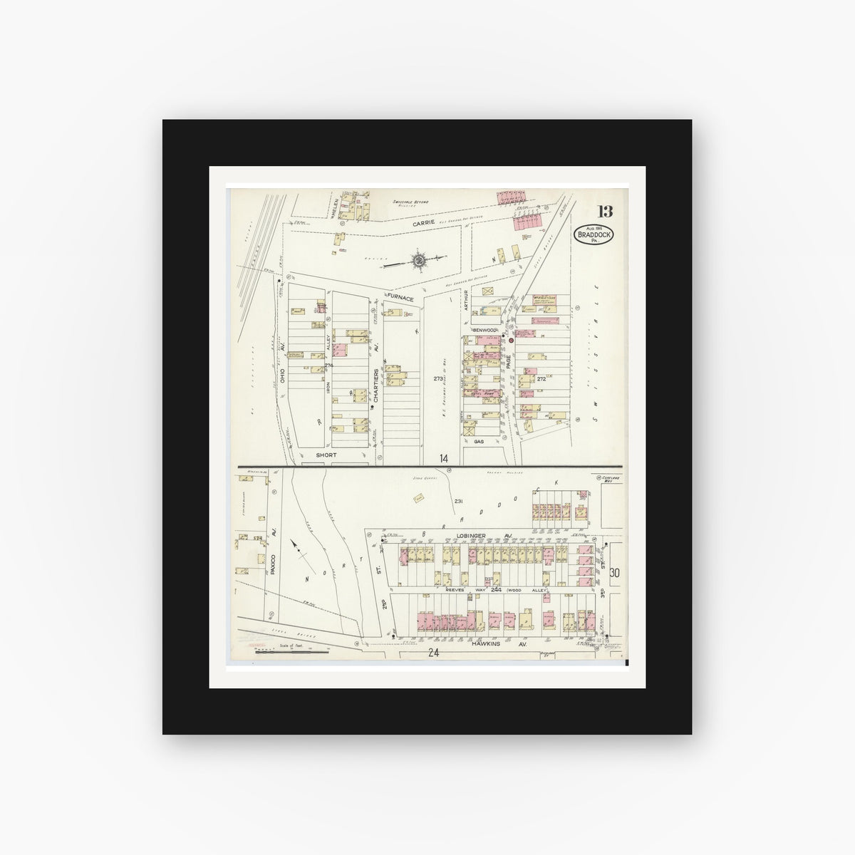 Old map wall art mockup — black gallery frame with white mat — Sanborn Fire Insurance Map from Braddock, Allegheny County, Pennsylvania (1914), Sheet #0013
