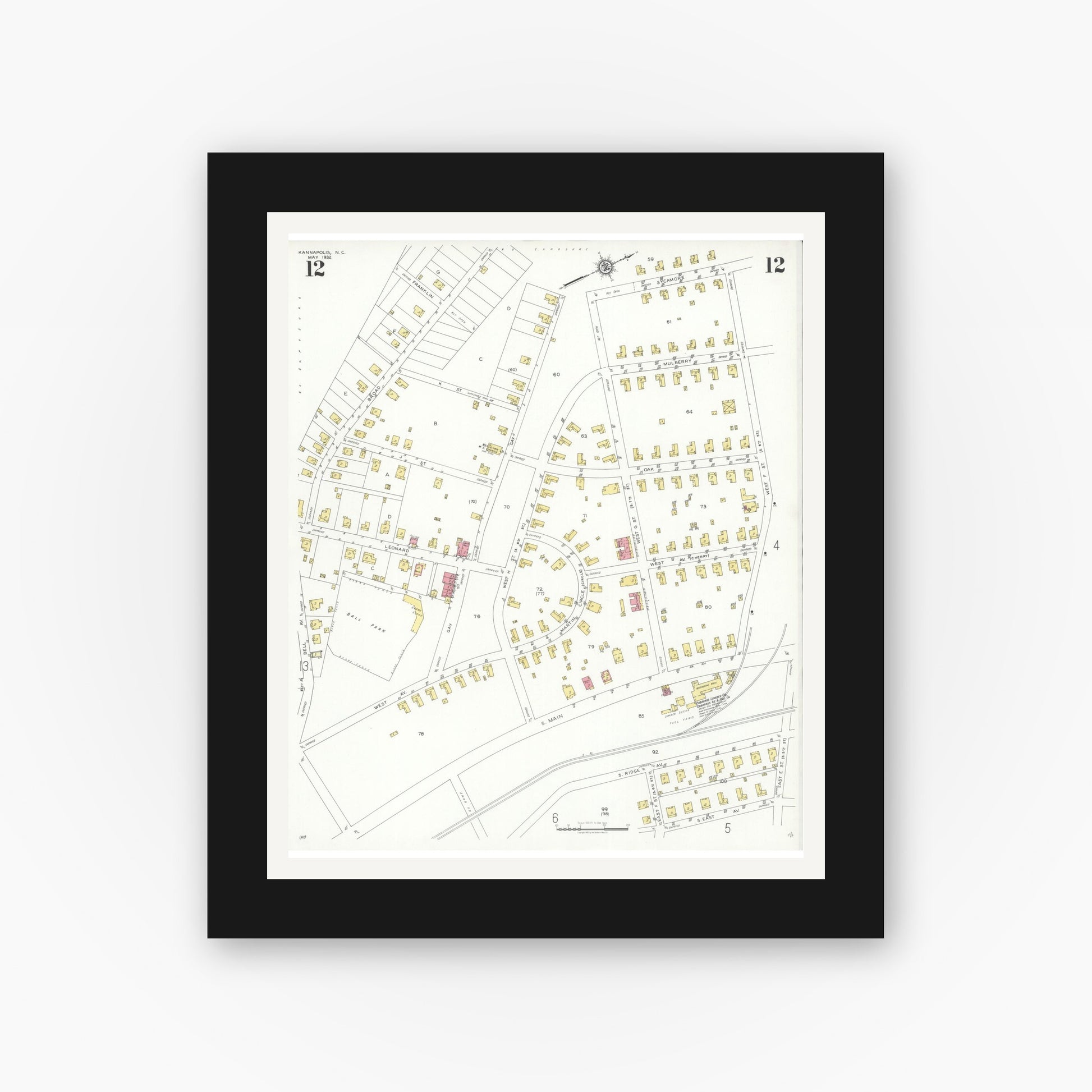 Old map wall art mockup — black gallery frame with white mat — Sanborn Fire Insurance Map from Kannapolis, Rowan And Cabarrus Counties, North Carolina (1932), Sheet #0012