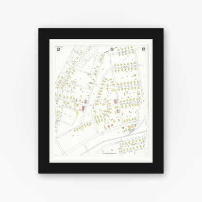 Old map wall art mockup — black gallery frame with white mat — Sanborn Fire Insurance Map from Kannapolis, Rowan And Cabarrus Counties, North Carolina (1932), Sheet #0012
