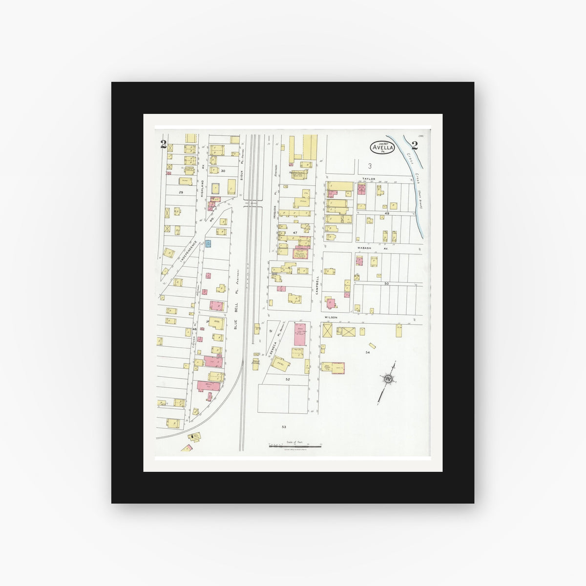 Old map wall art mockup — black gallery frame with white mat — Sanborn Fire Insurance Map from Avella, Washington County, Pennsylvania (1927), Sheet #0002