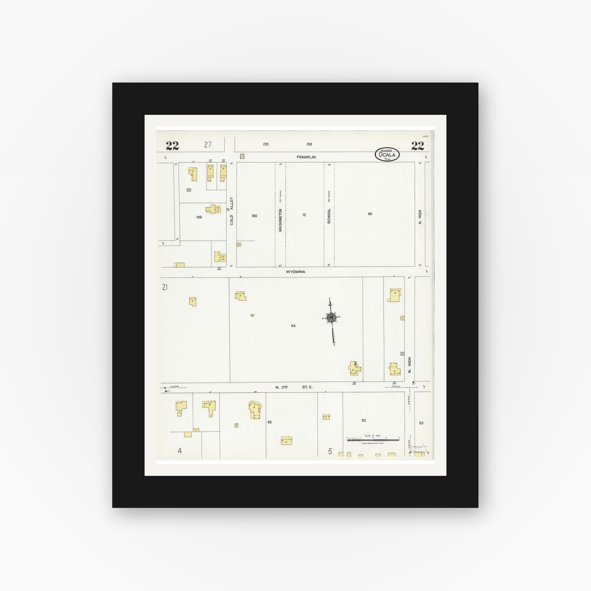 Old map wall art mockup — black gallery frame with white mat — Sanborn Fire Insurance Map from Ocala, Marion County, Florida (1924), Sheet #0022