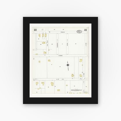 Old map wall art mockup — black gallery frame with white mat — Sanborn Fire Insurance Map from Ocala, Marion County, Florida (1924), Sheet #0022