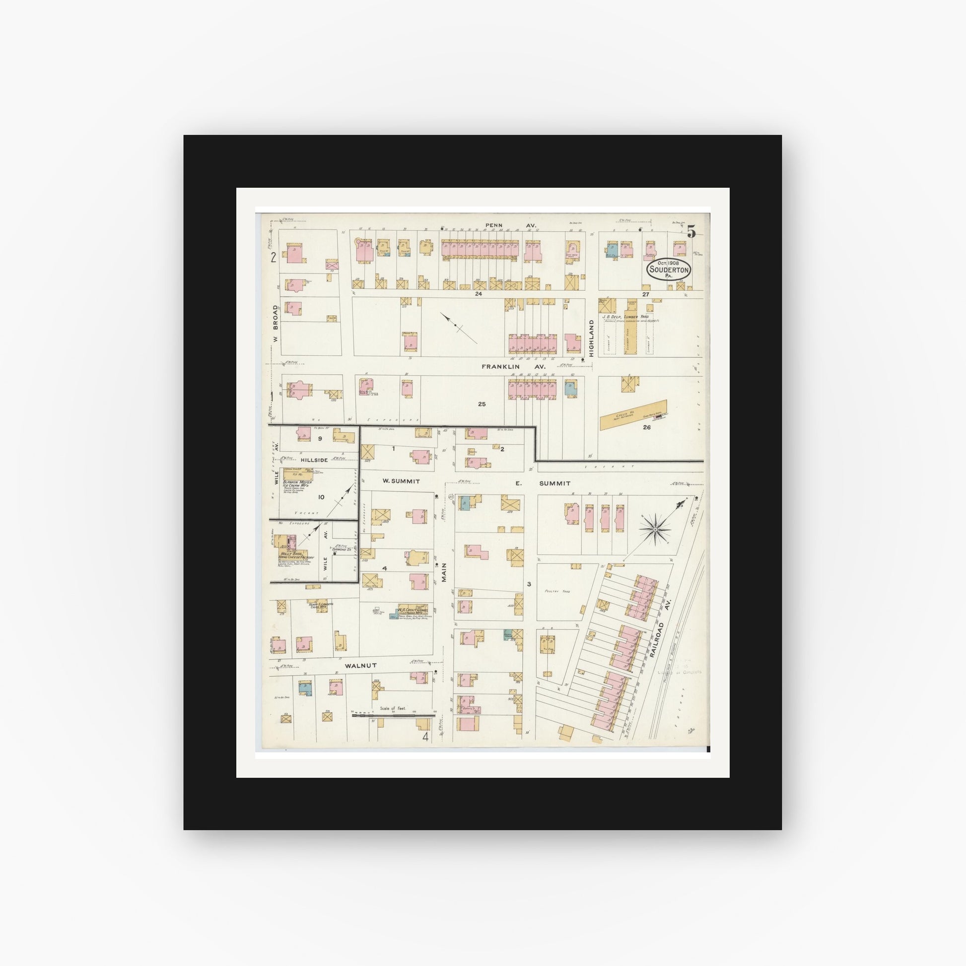 Old map wall art mockup — black gallery frame with white mat — Sanborn Fire Insurance Map from Souderton, Montgomery County, Pennsylvania (1908), Sheet #0005