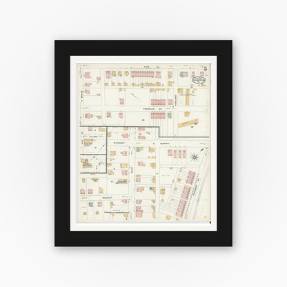 Old map wall art mockup — black gallery frame with white mat — Sanborn Fire Insurance Map from Souderton, Montgomery County, Pennsylvania (1908), Sheet #0005
