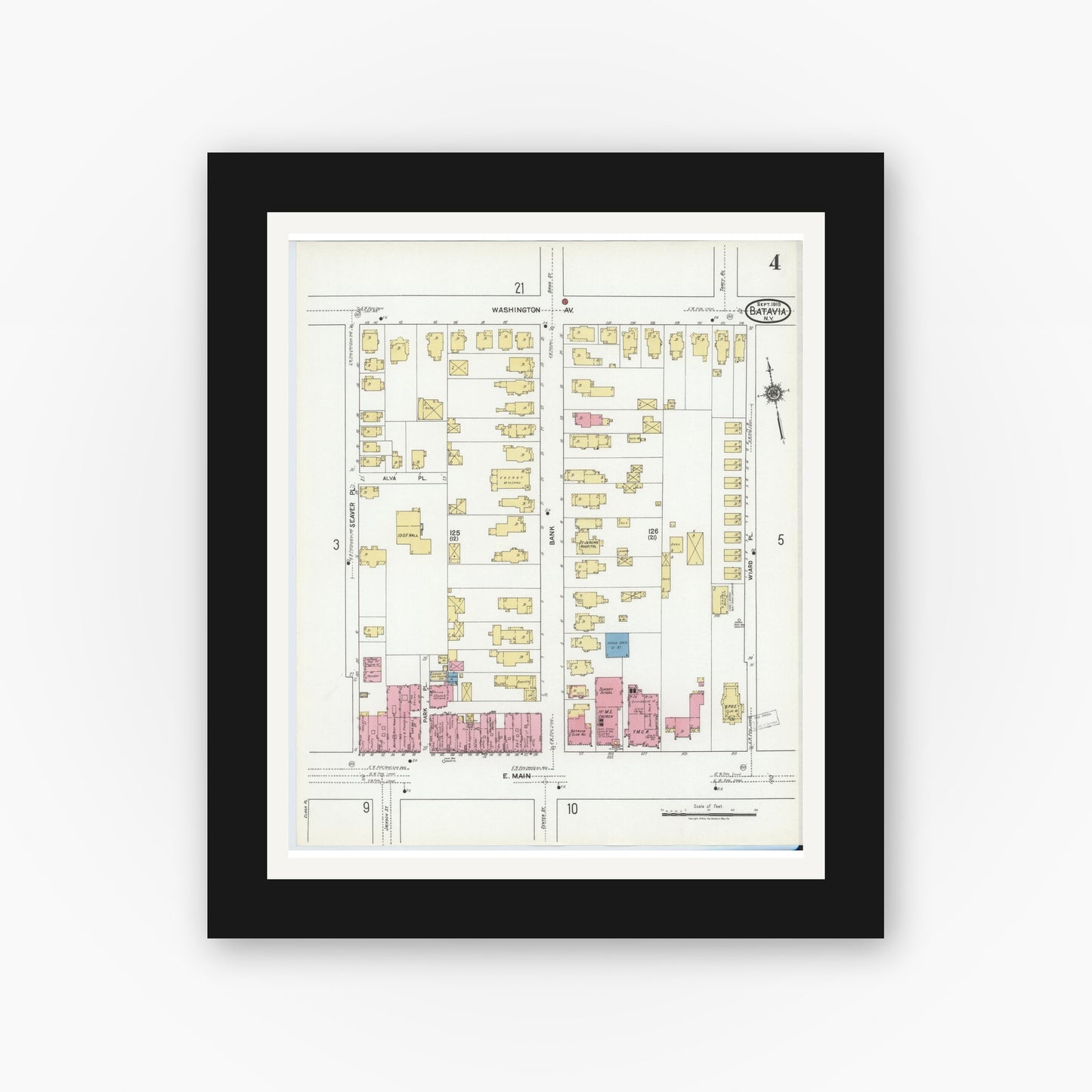 Old map wall art mockup — black gallery frame with white mat — Sanborn Fire Insurance Map from Batavia, Genesee County, New York (1919), Sheet #0004