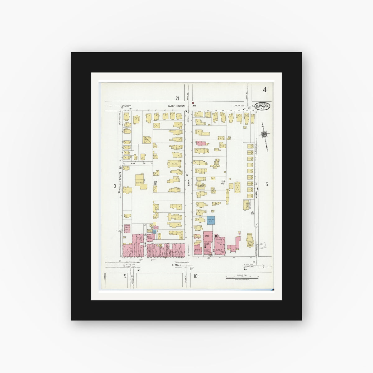 Old map wall art mockup — black gallery frame with white mat — Sanborn Fire Insurance Map from Batavia, Genesee County, New York (1919), Sheet #0004