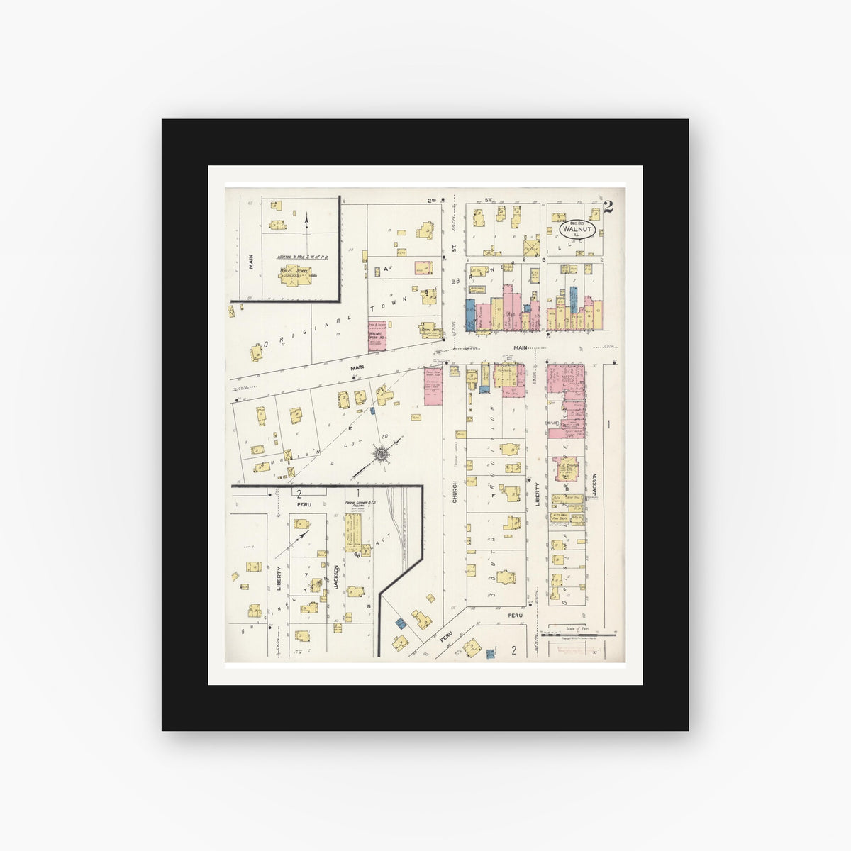 Old map wall art mockup — black gallery frame with white mat — Sanborn Fire Insurance Map from Walnut, Bureau County, Illinois (1921), Sheet #0002