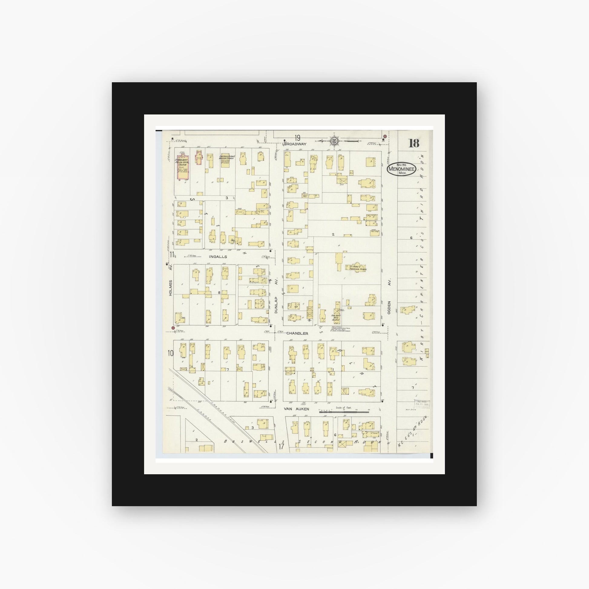 Old map wall art mockup — black gallery frame with white mat — Sanborn Fire Insurance Map from Menominee, Menominee County, Michigan (1913), Sheet #0018