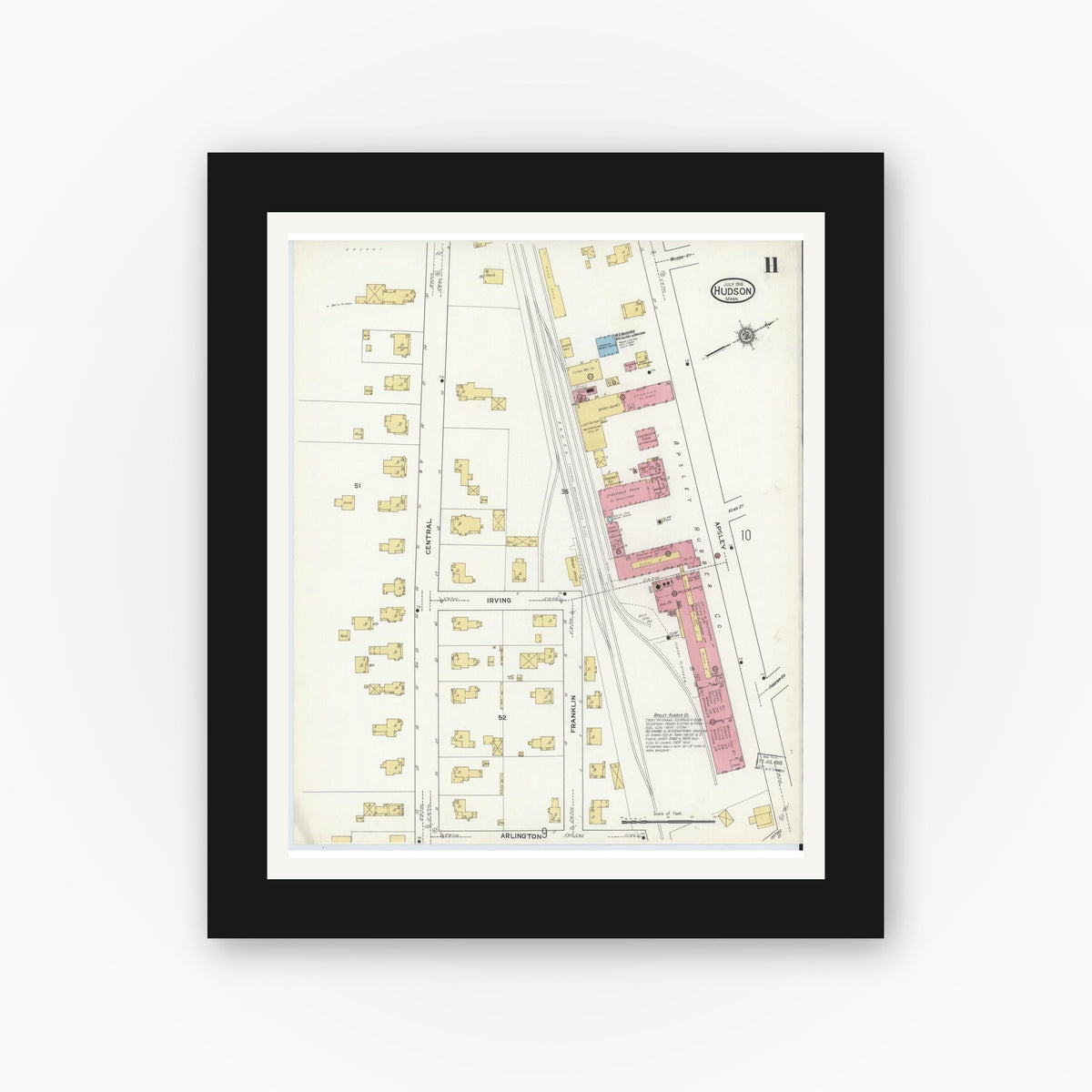 Old map wall art mockup — black gallery frame with white mat — Sanborn Fire Insurance Map from Hudson, Middlesex County, Massachusetts (1916), Sheet #0011