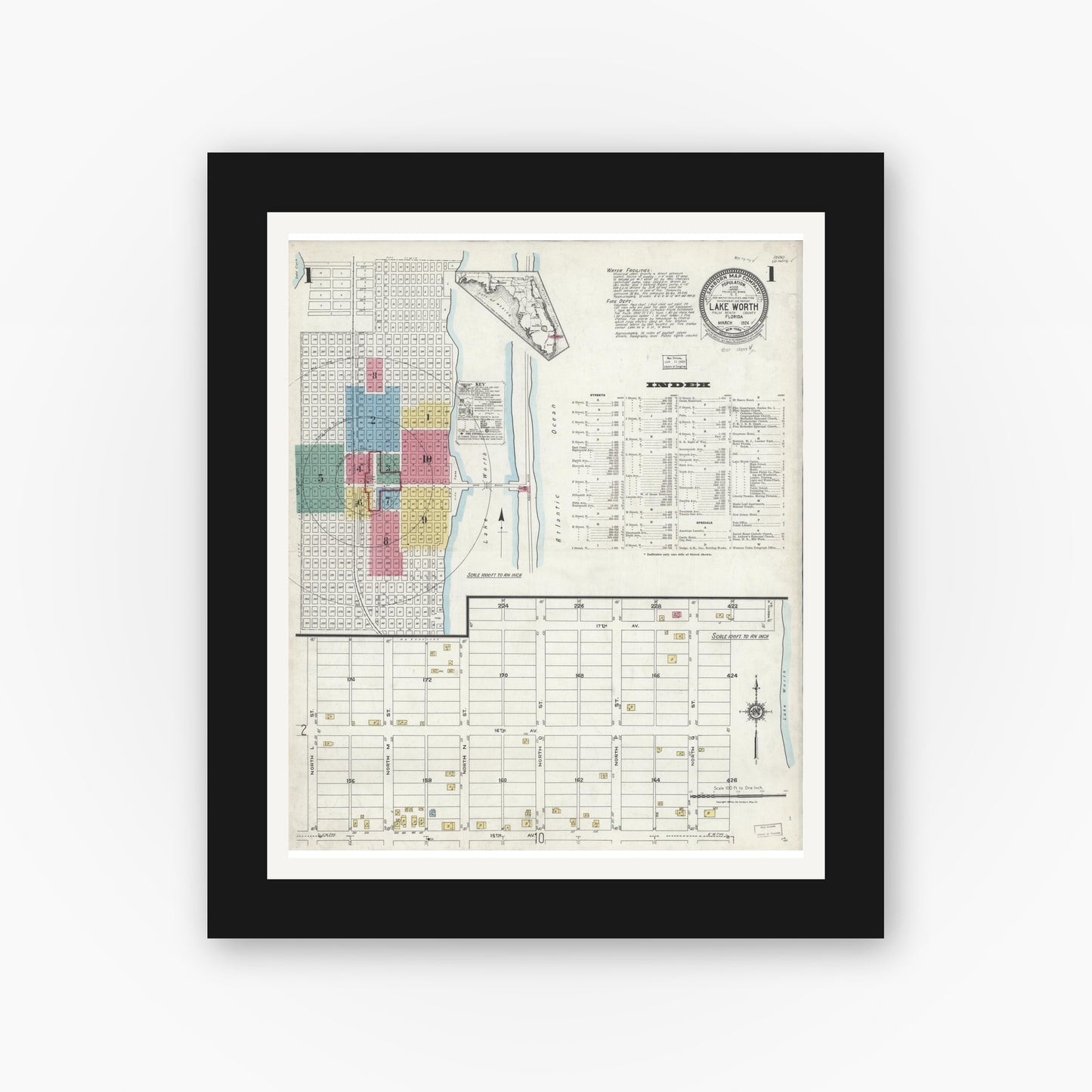 Old map wall art mockup — black gallery frame with white mat — Sanborn Fire Insurance Map from Lake Worth, Palm Beach County, Florida (1924) - Complete Map Set