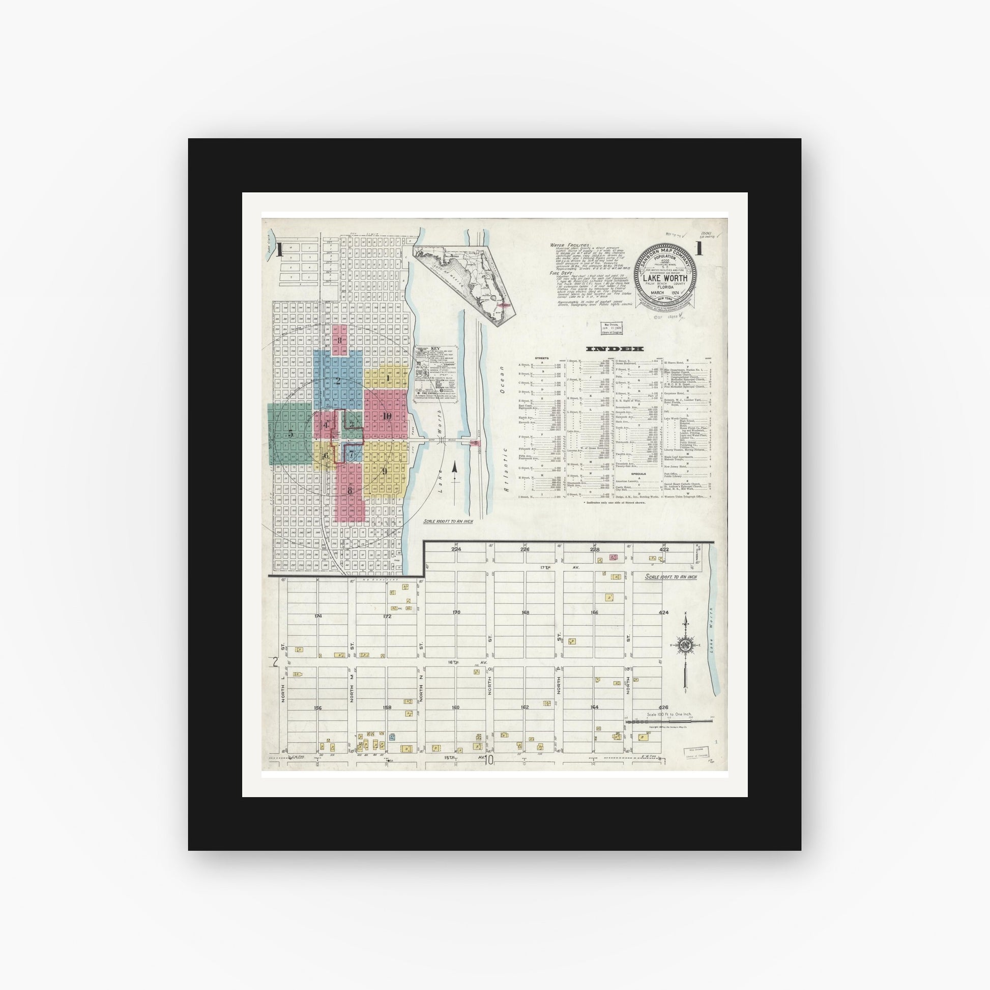 Old map wall art mockup — black gallery frame with white mat — Sanborn Fire Insurance Map from Lake Worth, Palm Beach County, Florida (1924) - Complete Map Set