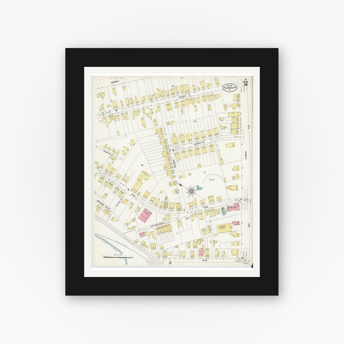 Old map wall art mockup — black gallery frame with white mat — Sanborn Fire Insurance Map from Plymouth, Luzerne County, Pennsylvania (1907), Sheet #0002