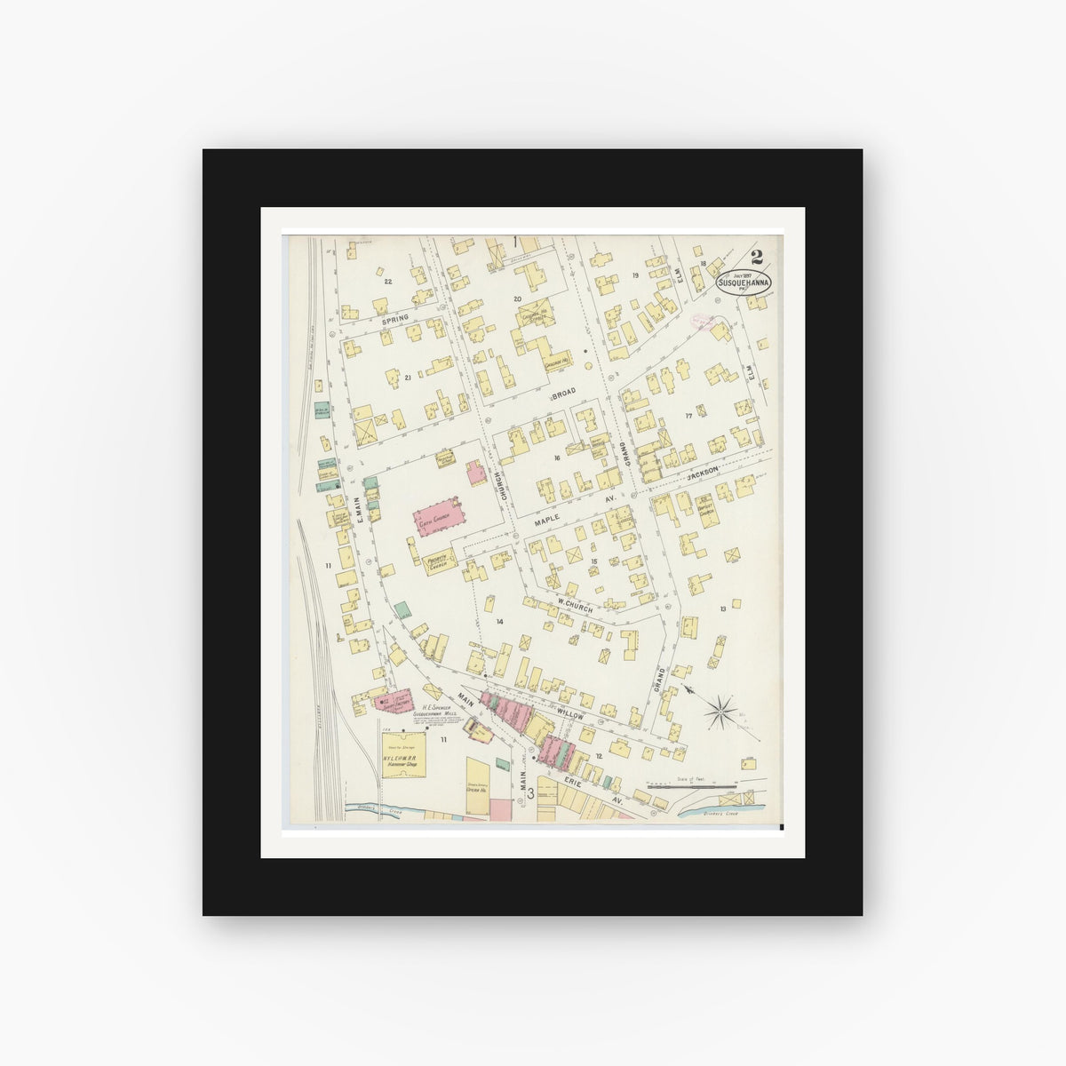 Old map wall art mockup — black gallery frame with white mat — Sanborn Fire Insurance Map from Susquehanna, Susquehanna County, Pennsylvania (1897), Sheet #0002