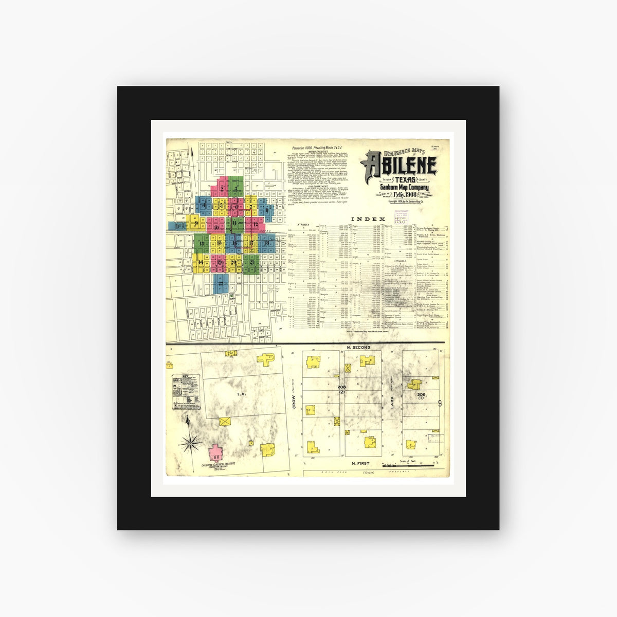 Old map wall art mockup — black gallery frame with white mat — Sanborn Fire Insurance Map from Abilene, Taylor County, Texas (1908), Sheet #0001