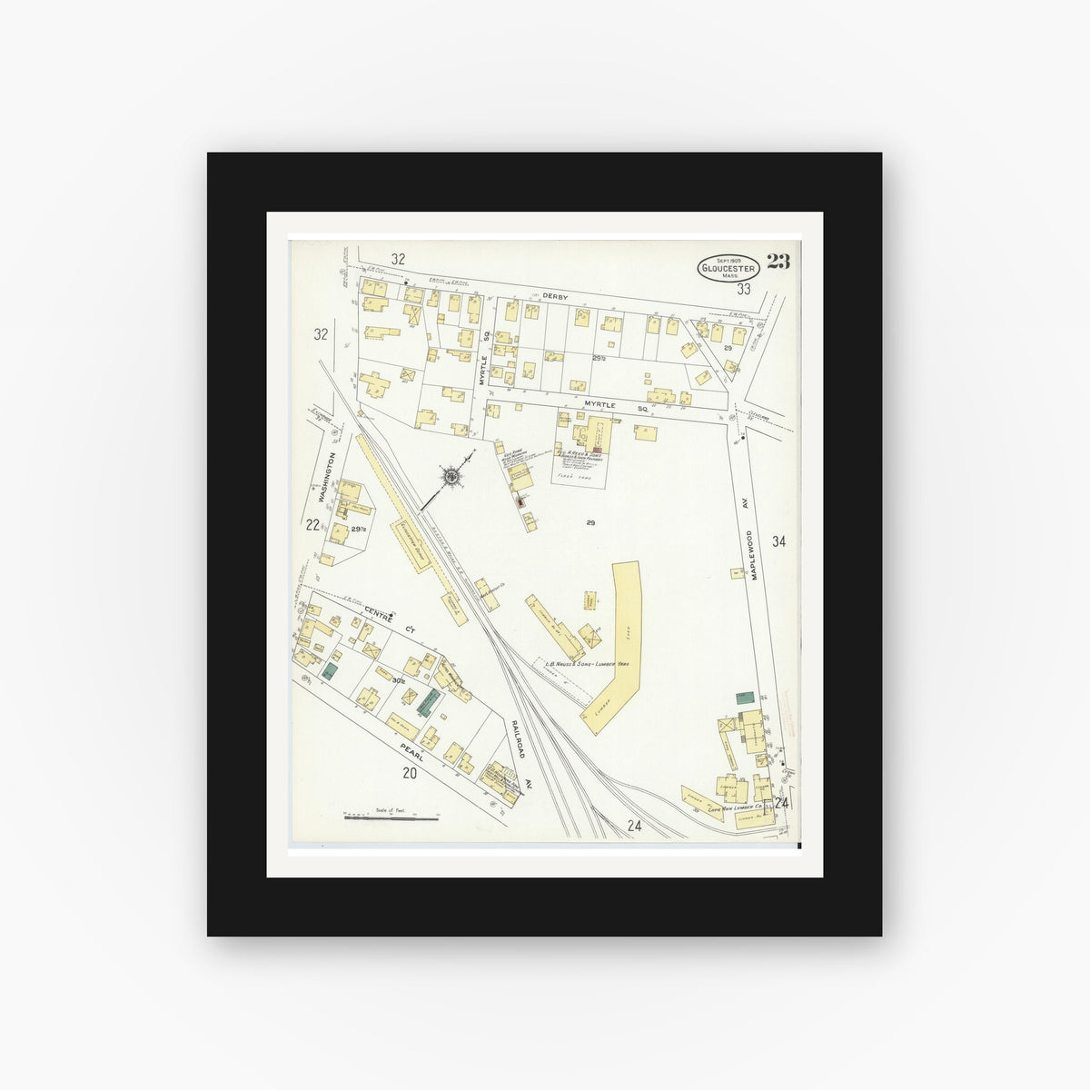Old map wall art mockup — black gallery frame with white mat — Sanborn Fire Insurance Map from Gloucester, Essex County, Massachusetts (1909), Sheet #0023