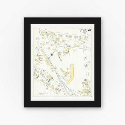 Old map wall art mockup — black gallery frame with white mat — Sanborn Fire Insurance Map from Gloucester, Essex County, Massachusetts (1909), Sheet #0023