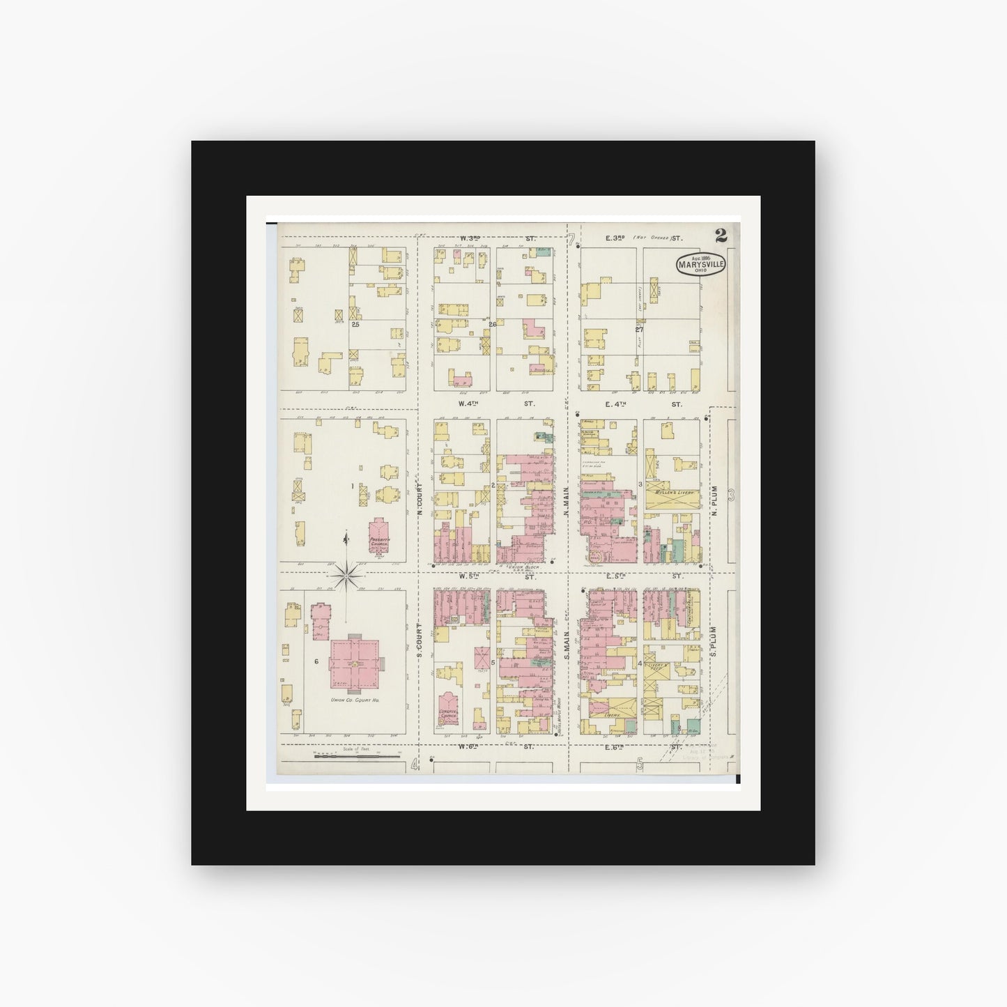 Old map wall art mockup — black gallery frame with white mat — Sanborn Fire Insurance Map from Marysville, Union County, Ohio (1895), Sheet #0002