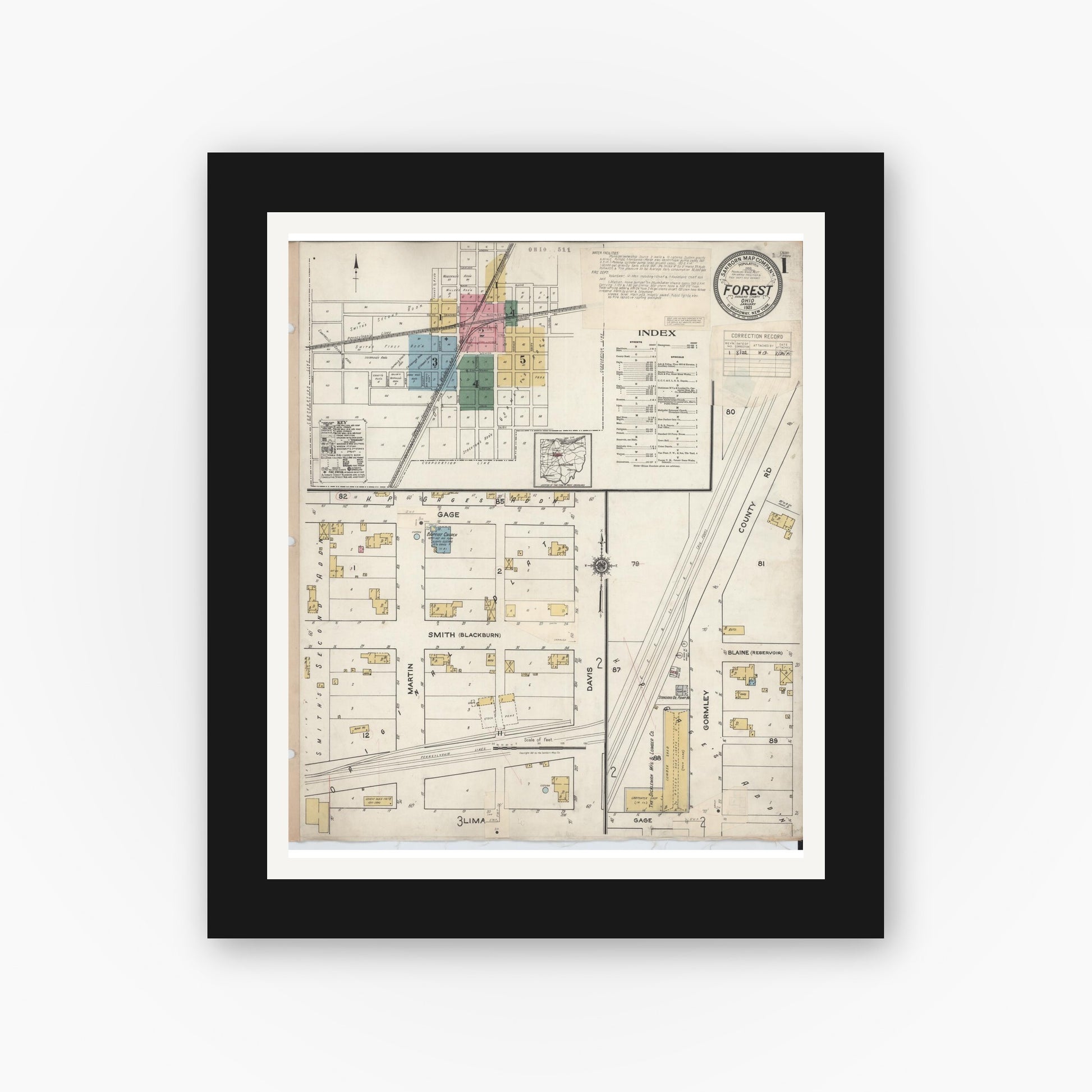 Old map wall art mockup — black gallery frame with white mat — Sanborn Fire Insurance Map from Forest, Hardin County, Ohio (1932), Sheet #0001