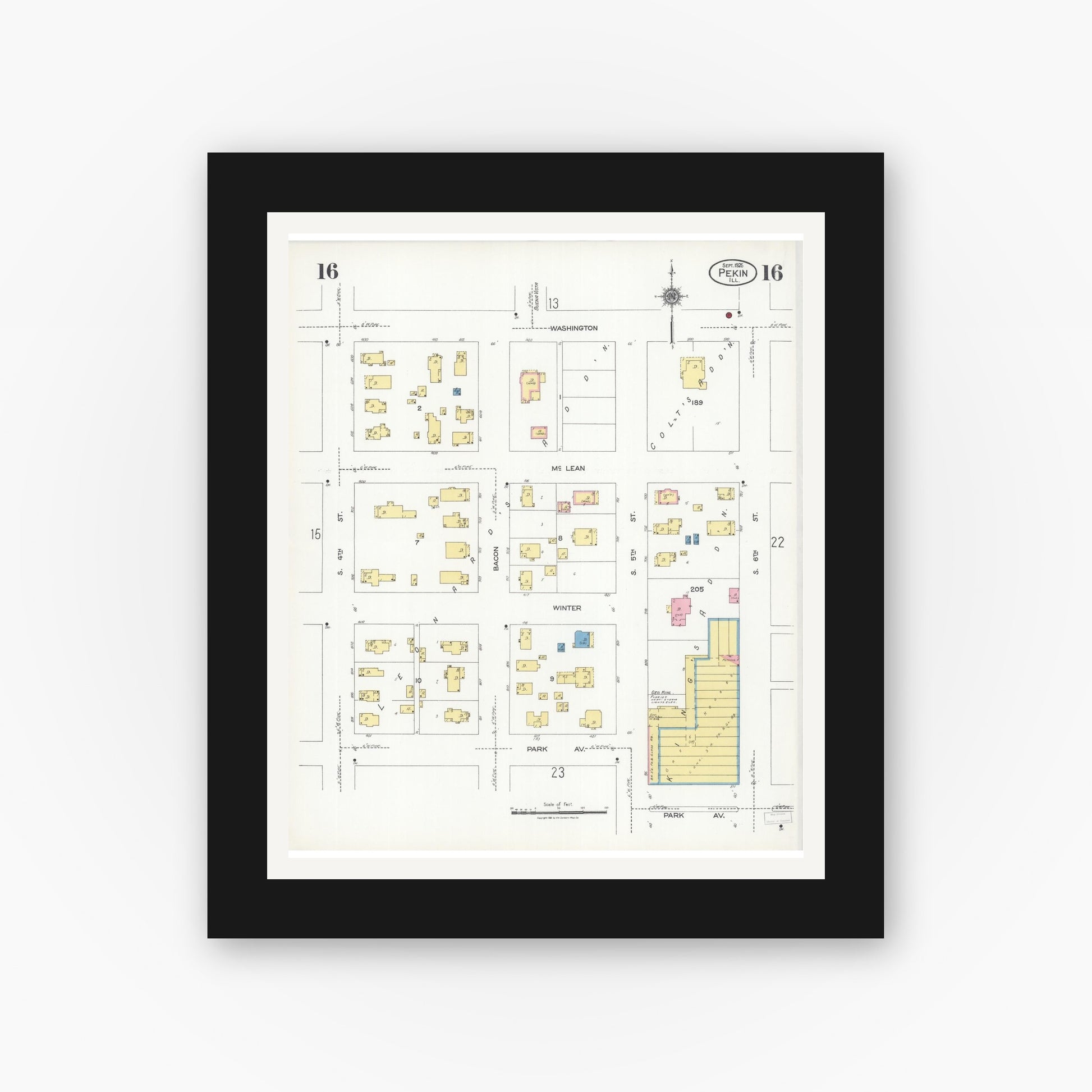 Old map wall art mockup — black gallery frame with white mat — Sanborn Fire Insurance Map from Pekin, Tazewell County, Illinois (1925), Sheet #0016