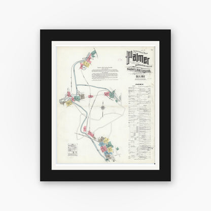 Old map wall art mockup — black gallery frame with white mat — Sanborn Fire Insurance Map from Palmer, Hampden County, Massachusetts (1911) - Complete Map Set