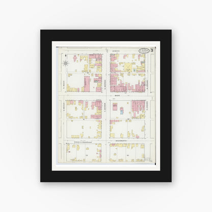 Old map wall art mockup — black gallery frame with white mat — Sanborn Fire Insurance Map from Eaton, Preble County, Ohio (1892), Sheet #0003