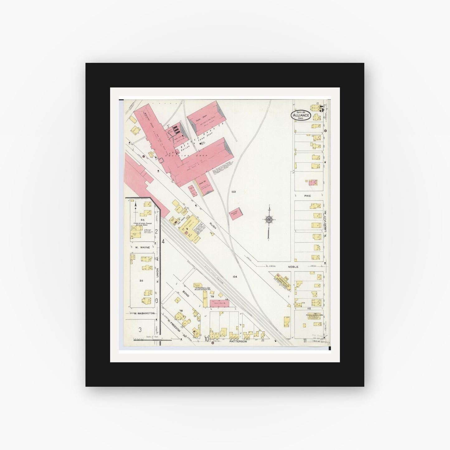 Old map wall art mockup — black gallery frame with white mat — Sanborn Fire Insurance Map from Alliance, Stark County, Ohio (1911), Sheet #0005