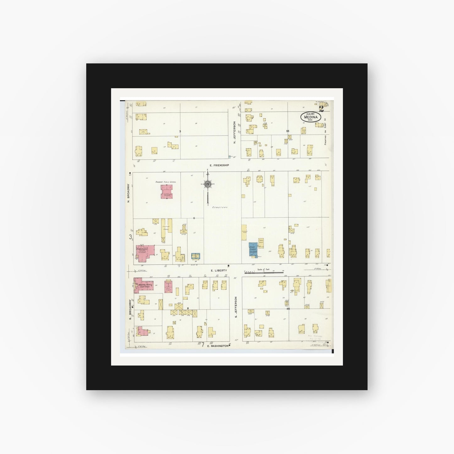 Old map wall art mockup — black gallery frame with white mat — Sanborn Fire Insurance Map from Medina, Medina County, Ohio (1911), Sheet #0002
