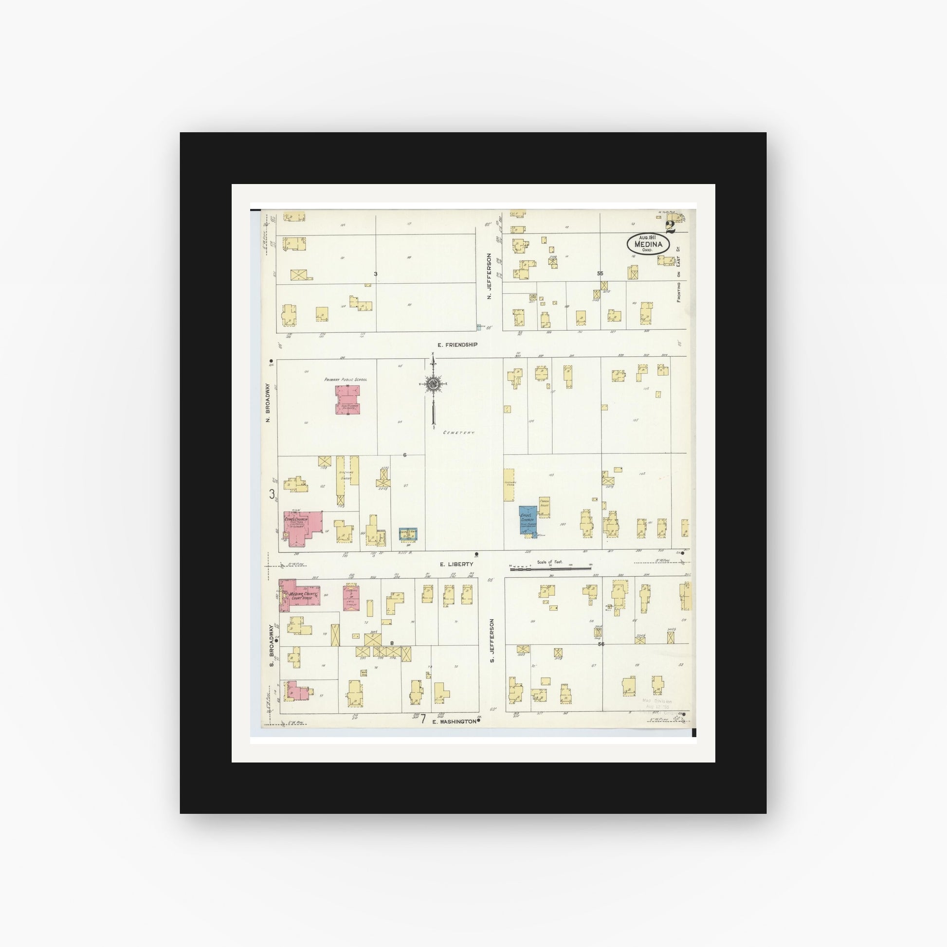 Old map wall art mockup — black gallery frame with white mat — Sanborn Fire Insurance Map from Medina, Medina County, Ohio (1911), Sheet #0002