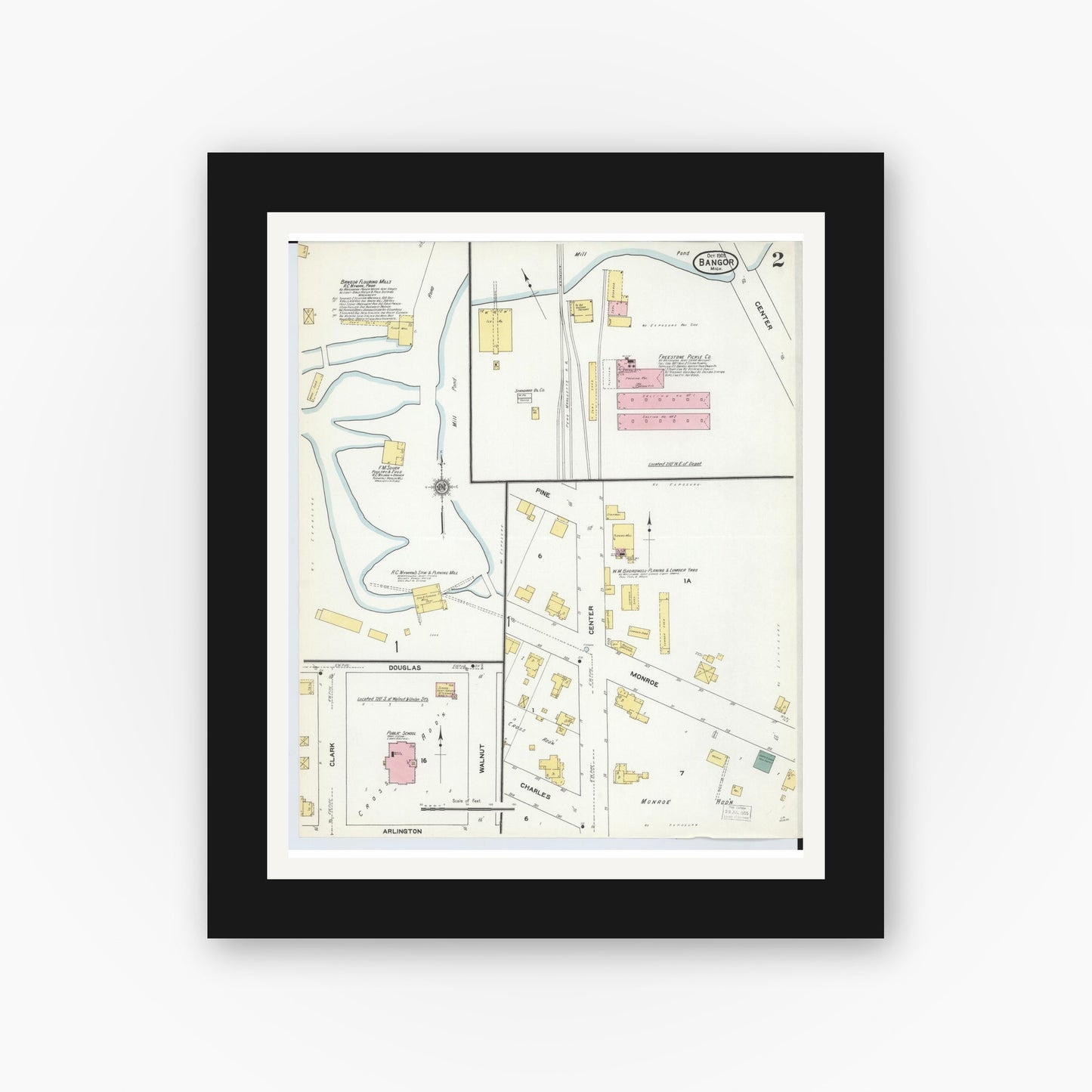 Old map wall art mockup — black gallery frame with white mat — Sanborn Fire Insurance Map from Bangor, Van Buren County, Michigan (1909), Sheet #0002