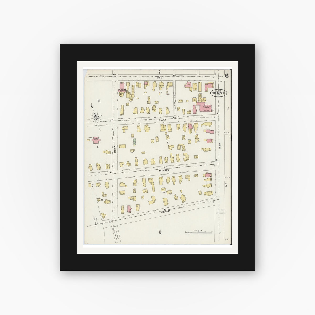 Old map wall art mockup — black gallery frame with white mat — Sanborn Fire Insurance Map from Brockport, Monroe County, New York (1898), Sheet #0006