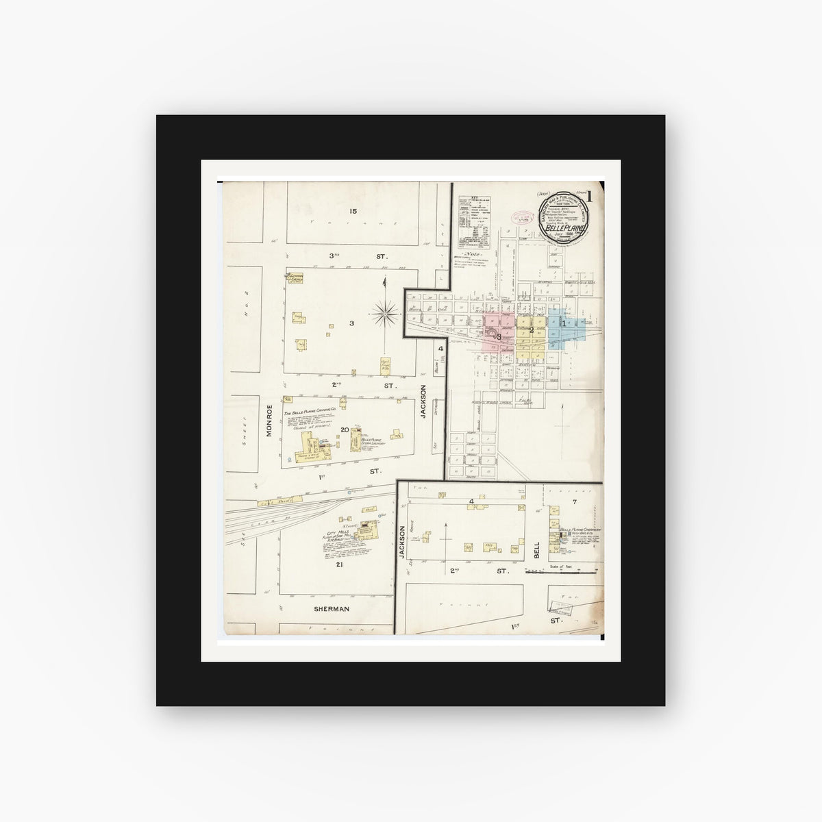 Old map wall art mockup — black gallery frame with white mat — Sanborn Fire Insurance Map from Belle Plaine, Benton County, Iowa (1888) â€” Complete Set