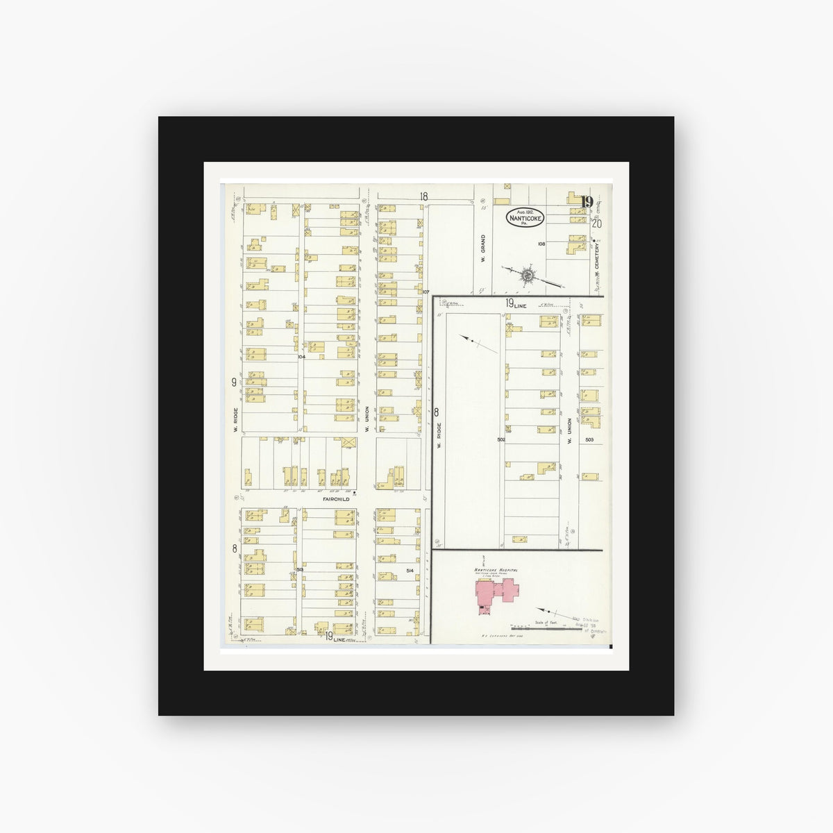 Old map wall art mockup — black gallery frame with white mat — Sanborn Fire Insurance Map from Nanticoke, Luzerne County, Pennsylvania (1912), Sheet #0019