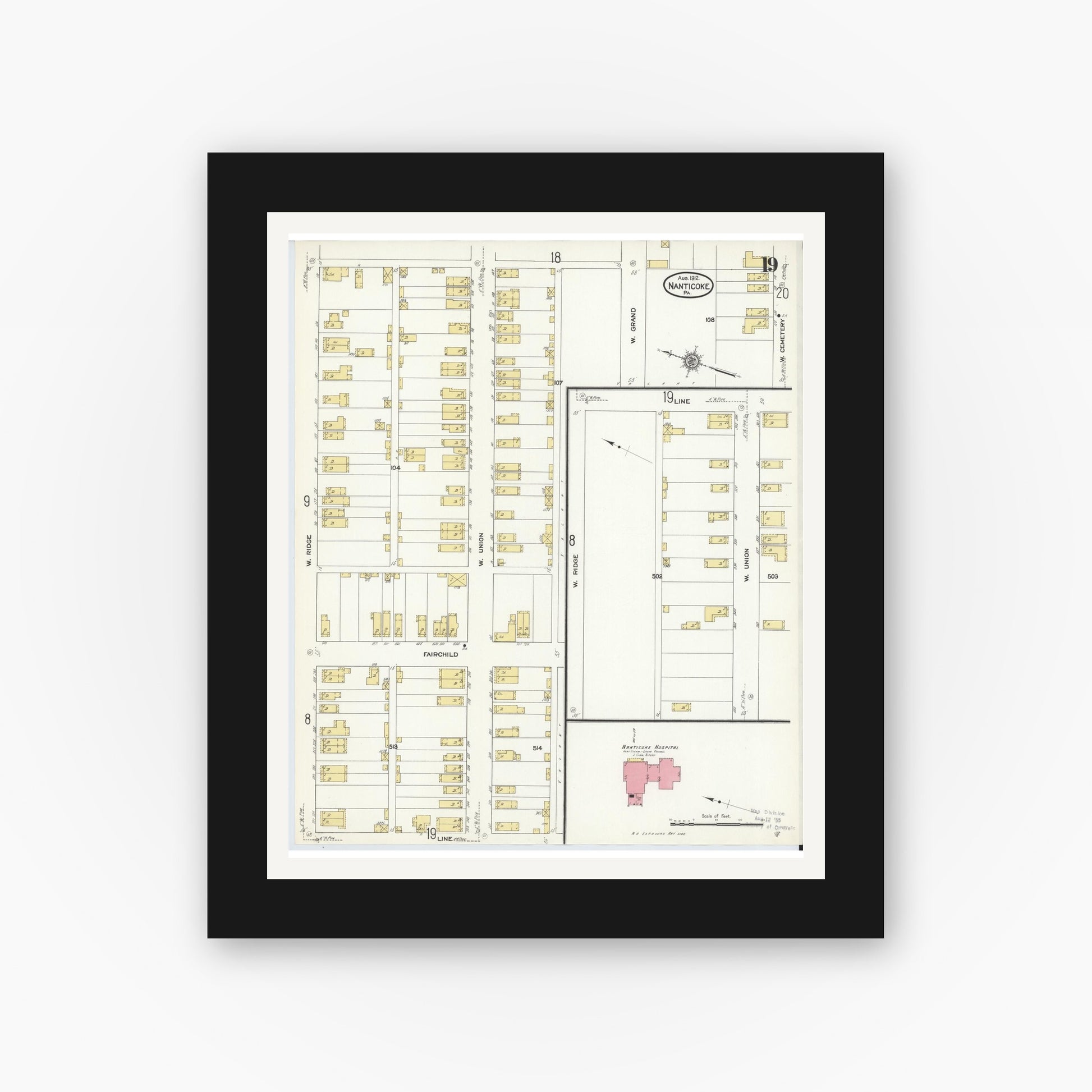 Old map wall art mockup — black gallery frame with white mat — Sanborn Fire Insurance Map from Nanticoke, Luzerne County, Pennsylvania (1912), Sheet #0019