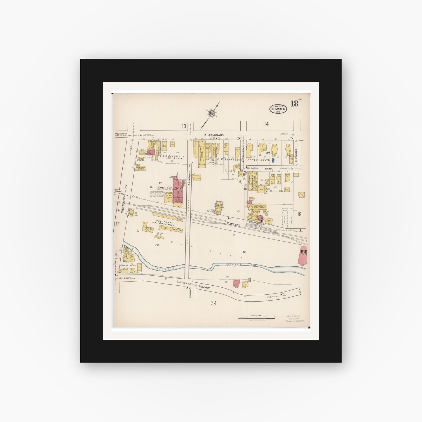 Old map wall art mockup — black gallery frame with white mat — Sanborn Fire Insurance Map from Norwalk, Huron County, Ohio (1922), Sheet #0018