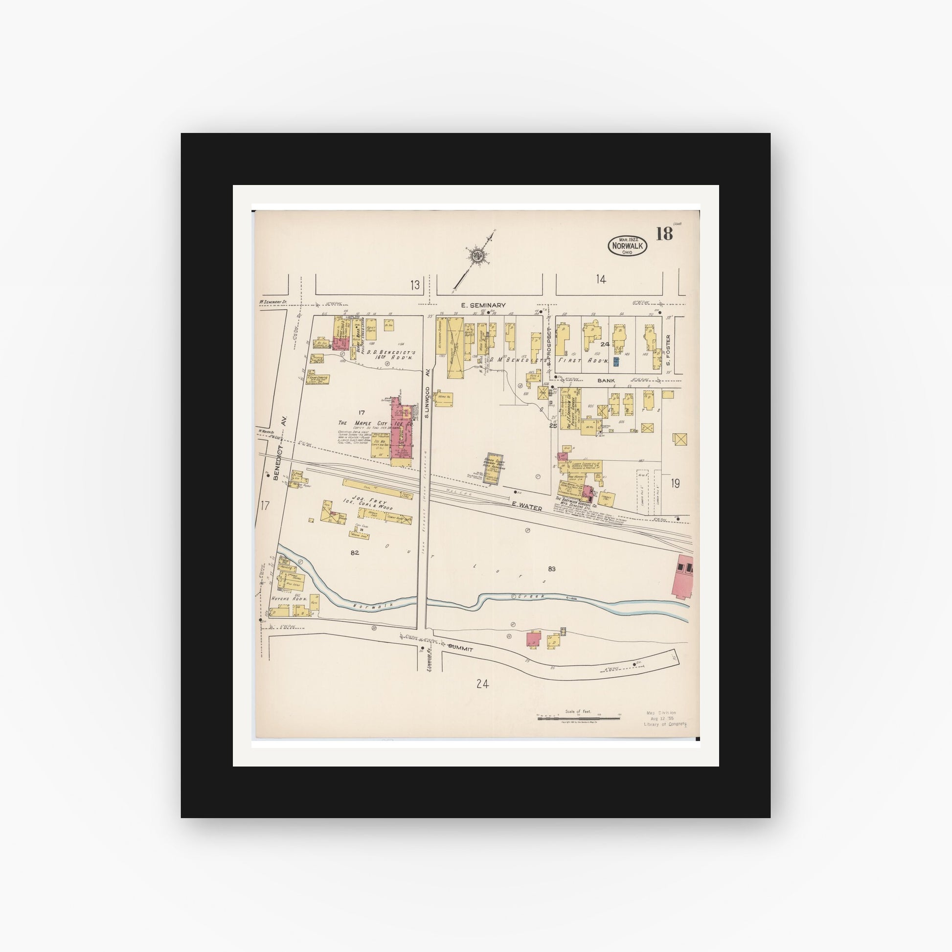 Old map wall art mockup — black gallery frame with white mat — Sanborn Fire Insurance Map from Norwalk, Huron County, Ohio (1922), Sheet #0018