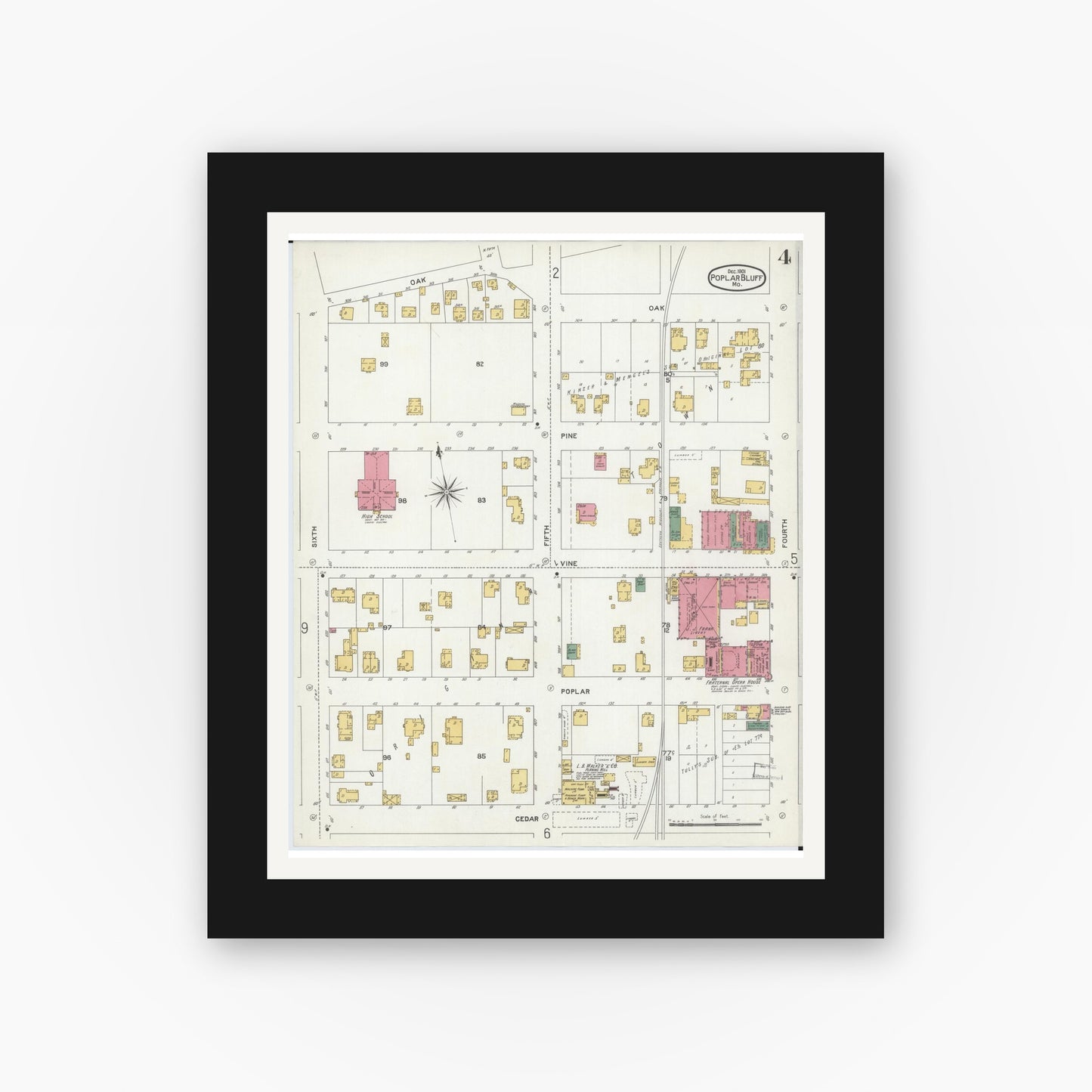 Old map wall art mockup — black gallery frame with white mat — Sanborn Fire Insurance Map from Poplar Bluff, Butler County, Missouri (1901), Sheet #0004