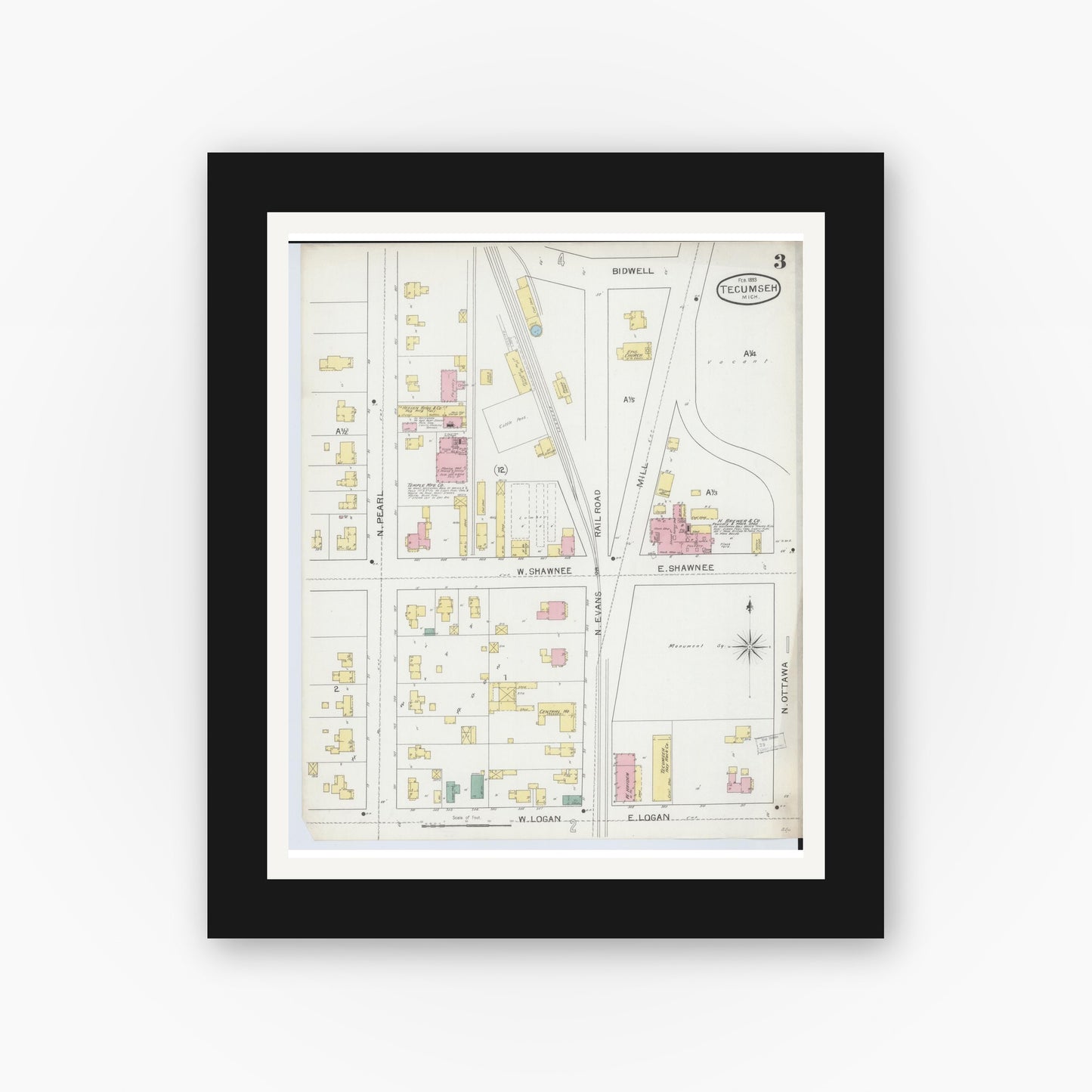 Old map wall art mockup — black gallery frame with white mat — Sanborn Fire Insurance Map from Tecumseh, Lenawee County, Michigan (1893), Sheet #0003