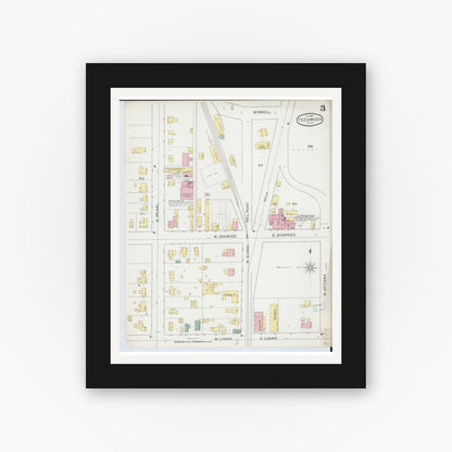 Old map wall art mockup — black gallery frame with white mat — Sanborn Fire Insurance Map from Tecumseh, Lenawee County, Michigan (1893), Sheet #0003