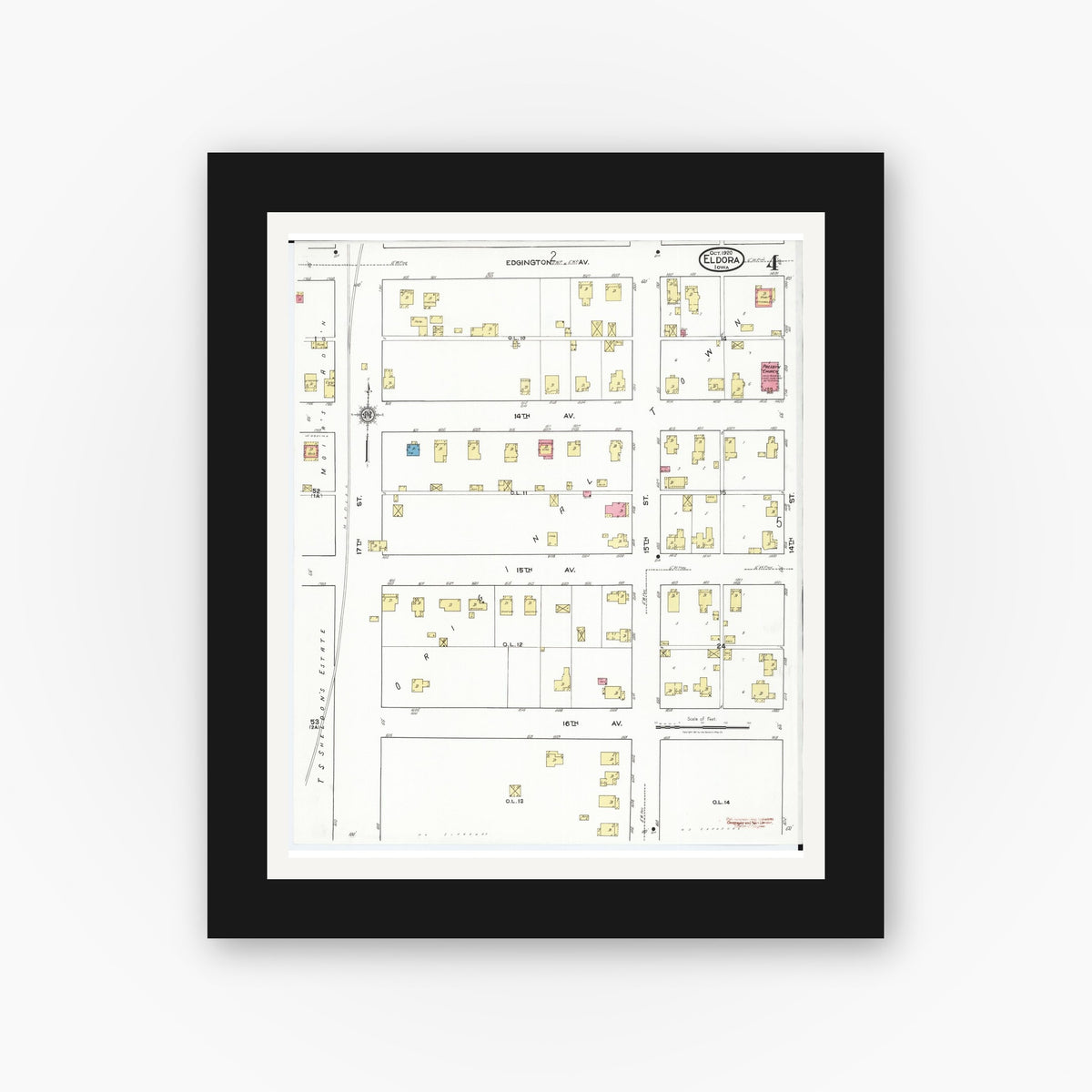 Old map wall art mockup — black gallery frame with white mat — Sanborn Fire Insurance Map from Eldora, Hardin County, Iowa (1920), Sheet #0004