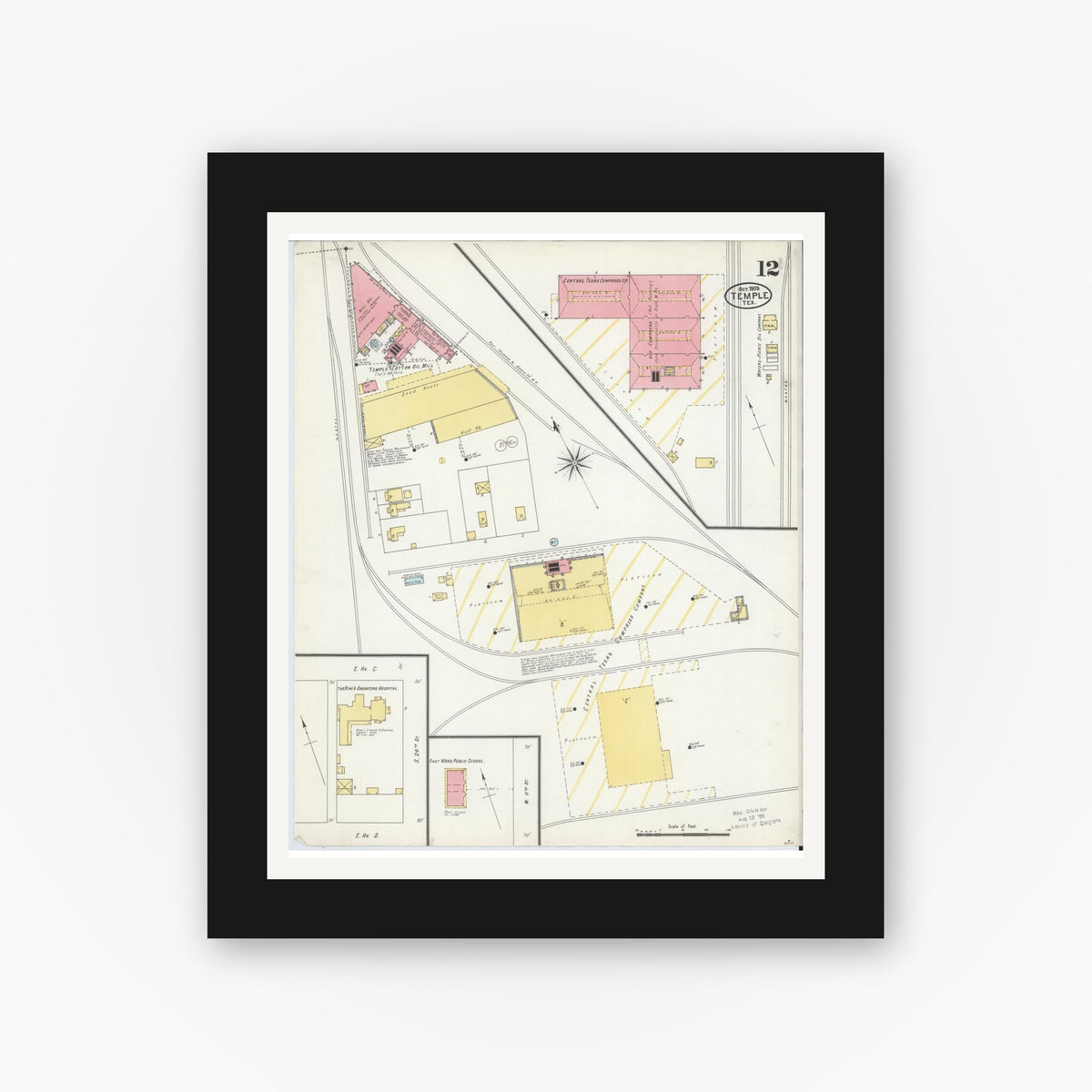 Old map wall art mockup — black gallery frame with white mat — Sanborn Fire Insurance Map from Temple, Bell County, Texas (1905), Sheet #0012